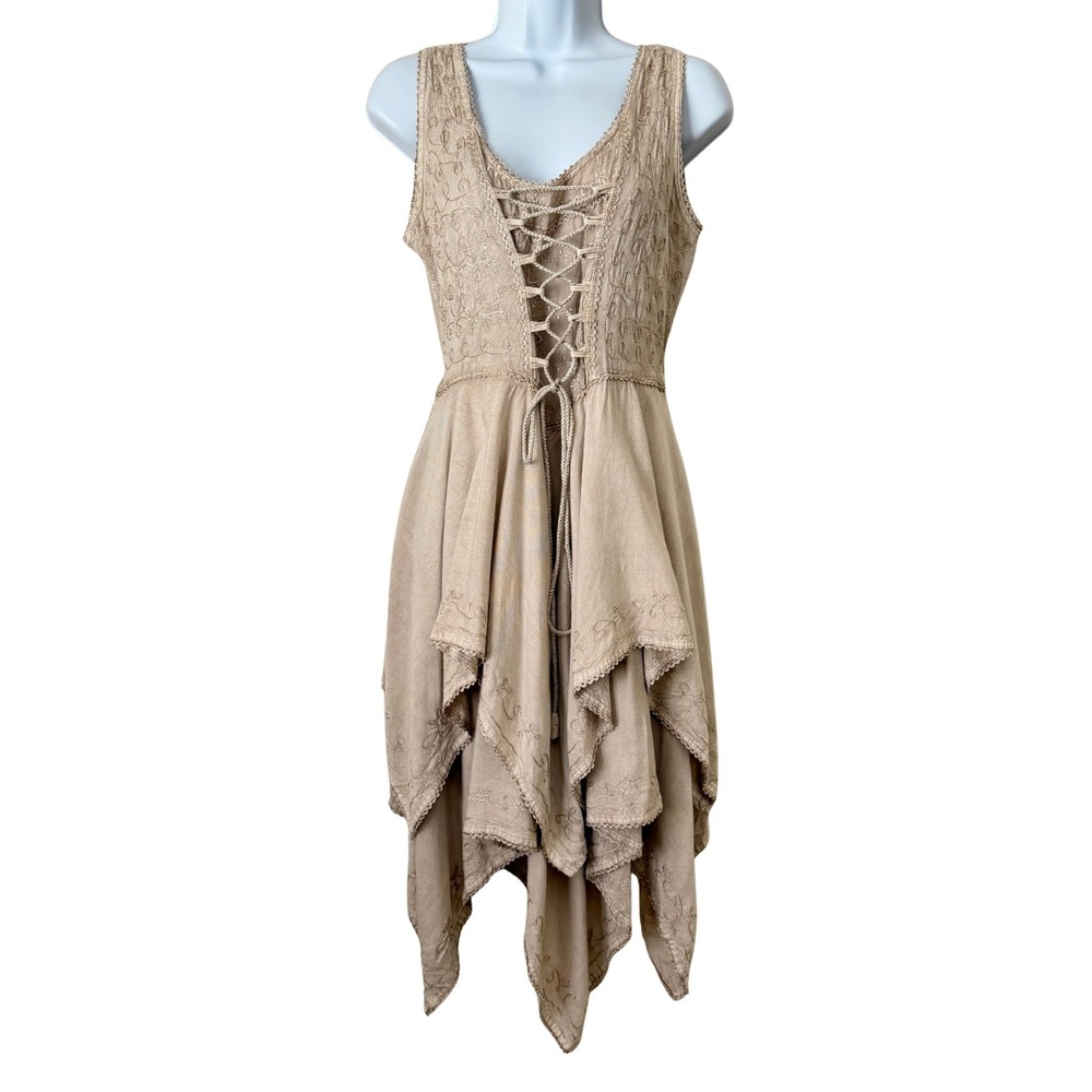 Flower Boho Fairycore Ren Faire Handkerchief Hem Embroidered Lace Up Dress Tan
